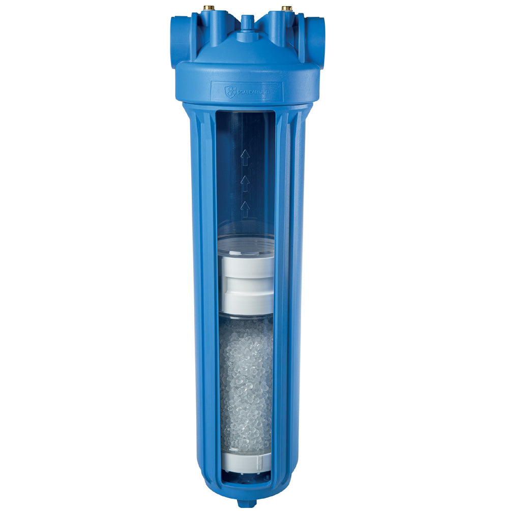 purway blue 20 inch anti scale water filter housing with transparent chamber showing white filter cartridges and granular filtration media inside